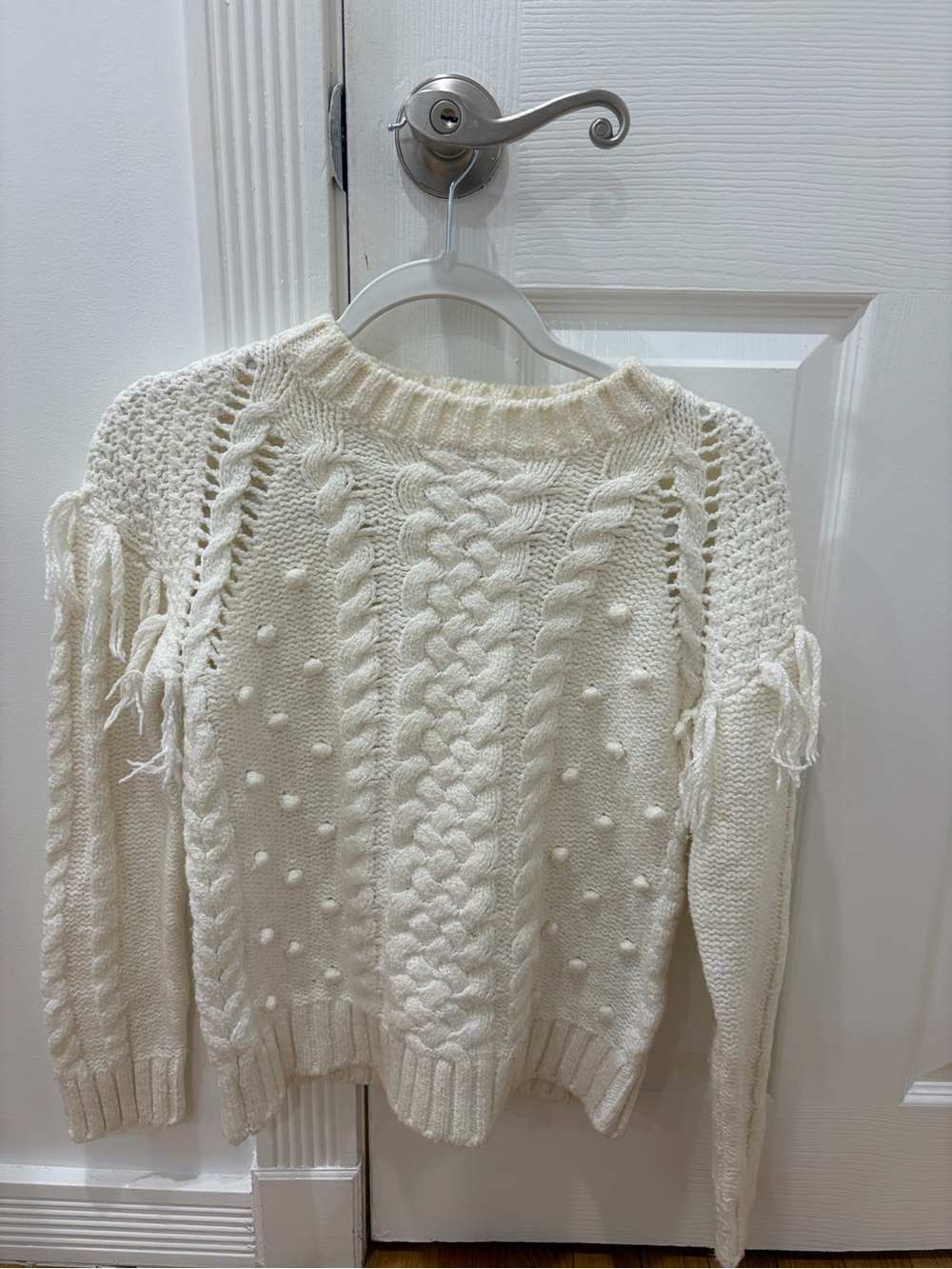 cupcakes & cashmere Cream Cable-Knit Fringe Bobble Sweater